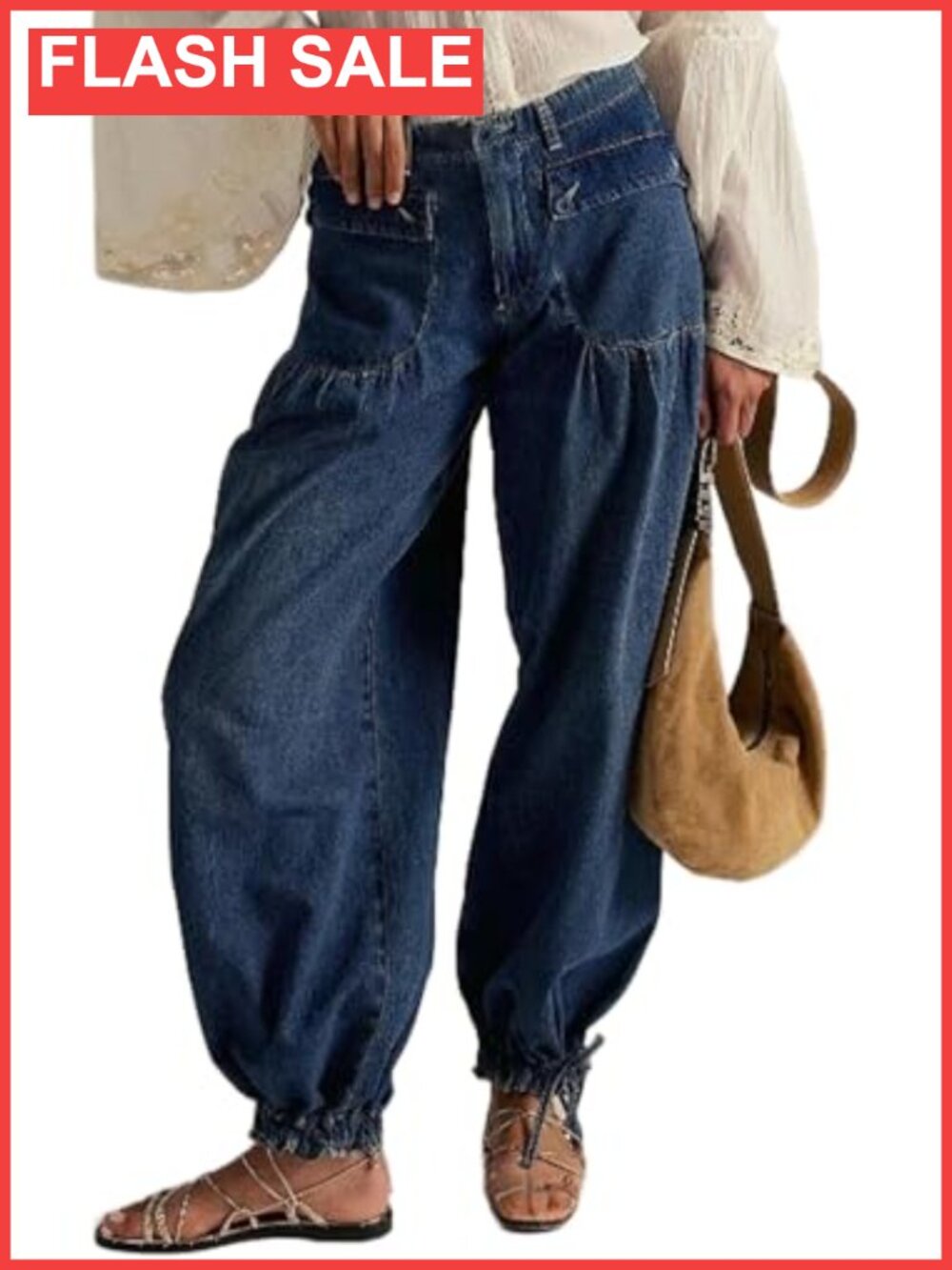 Wide Leg Balloon Jeans Baggy Loose Denim Pants Drawstring Hem